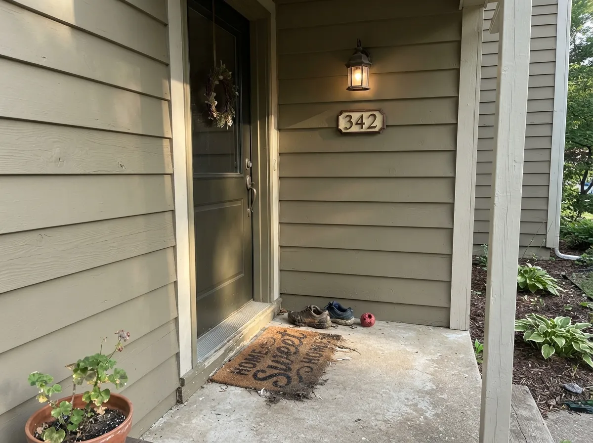 With a dark door and warm trim it reads calm, earthy curb appeal — not builder-beige.