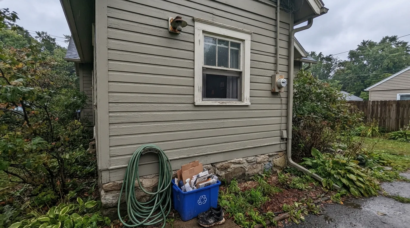 The honest shot: the shaded side of the same house, same paint, same day — the olive base takes over and the tan disappears.