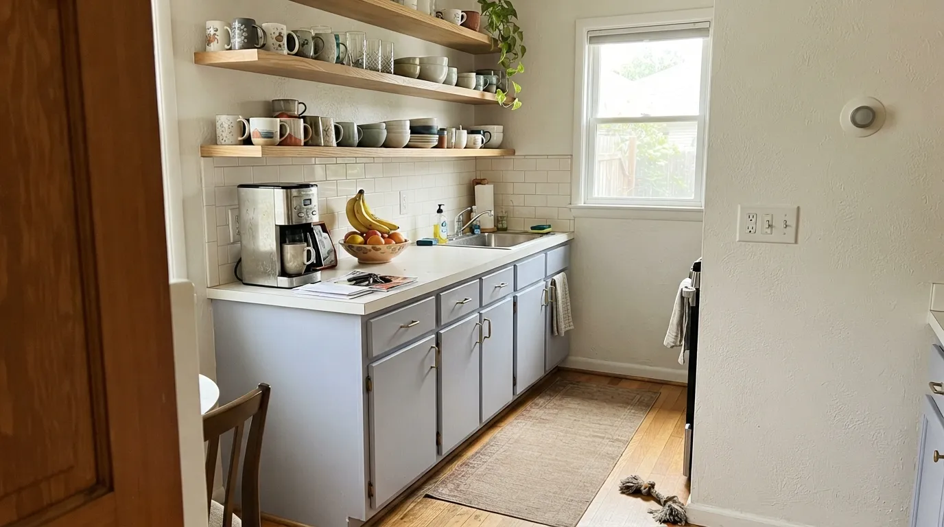 Upward on cabinets in good daylight — with white counters, oak, and brass it reads clean and current, the exact combination it's most photographed in.