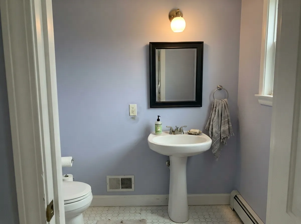 Its other best role: a small, well-lit powder room where the blue-gray gets to be the whole point.