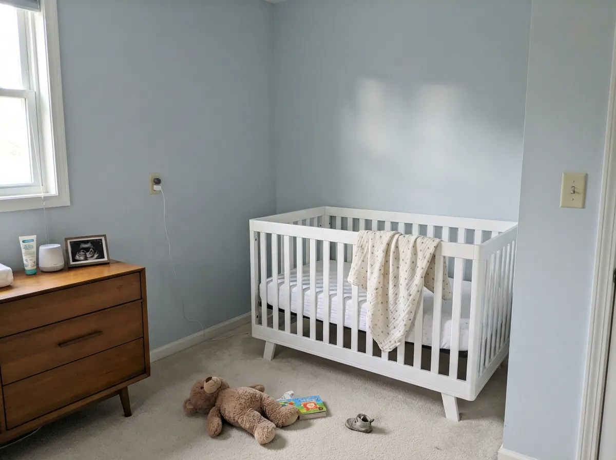 Gray-based enough to skip the baby-blue cliché — a common gender-neutral nursery pick.