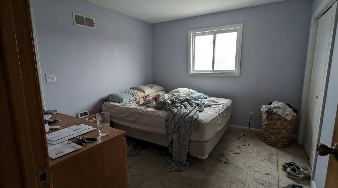 The honest shot: cool north light on an overcast day pulls the violet forward and the wall reads lavender-gray, not blue — the single most common surprise reported about this color.