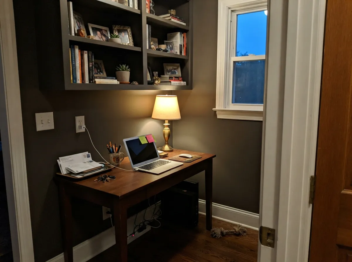 Urbane Bronze walls and built-ins in a lamp-lit home office.