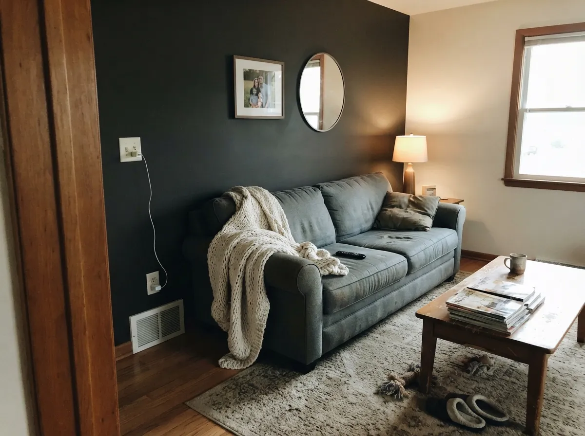 Urbane Bronze accent wall behind the sofa with warm neutral walls around it.