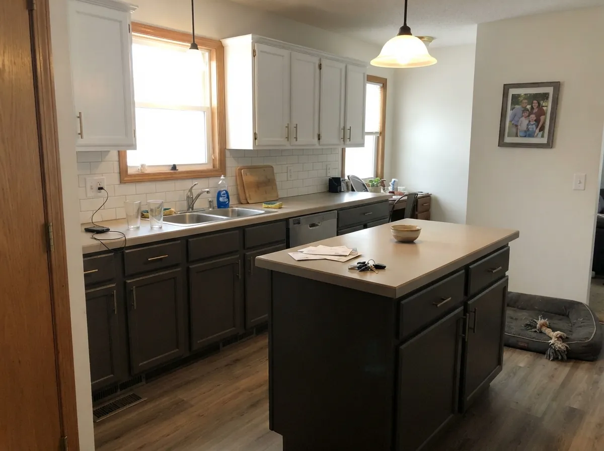 Urbane Bronze on kitchen island and lower cabinets under white uppers with brass pulls.
