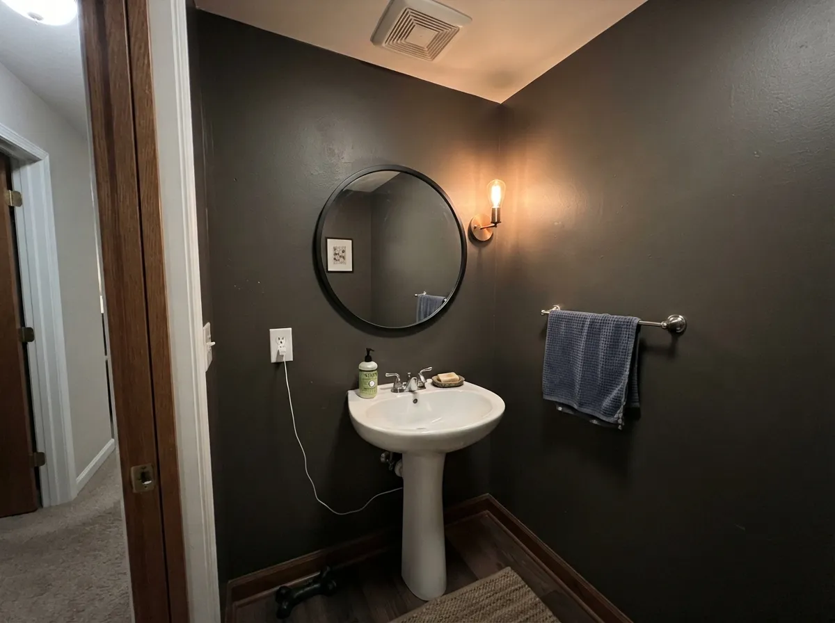Urbane Bronze walls in a windowless powder room with a large mirror and warm lighting.