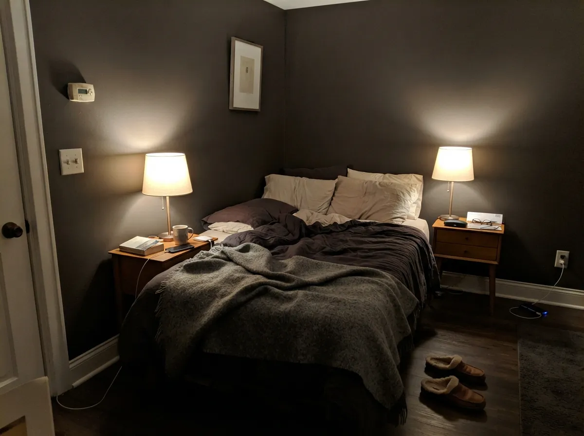 Urbane Bronze bedroom walls glowing warm under bedside lamps at night.