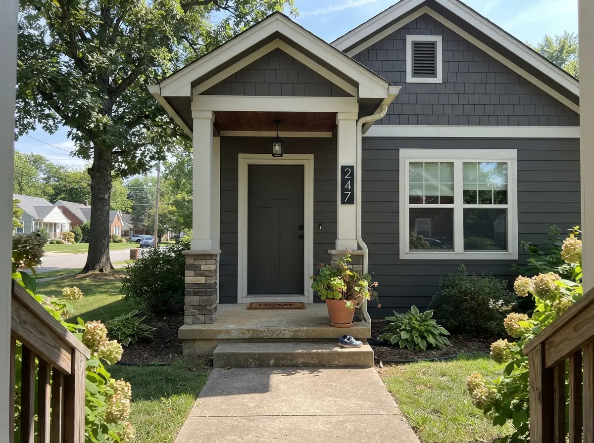 Urbane Bronze exterior siding and front door in full sun on a craftsman-style house.