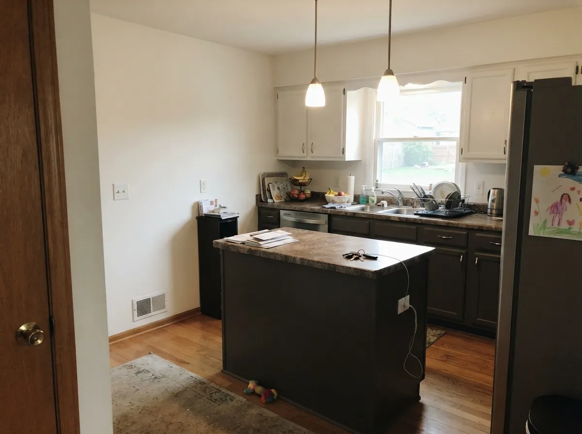 Dark below, white above: the tuxedo layout keeps the room bright and the island is where the color earns its keep.