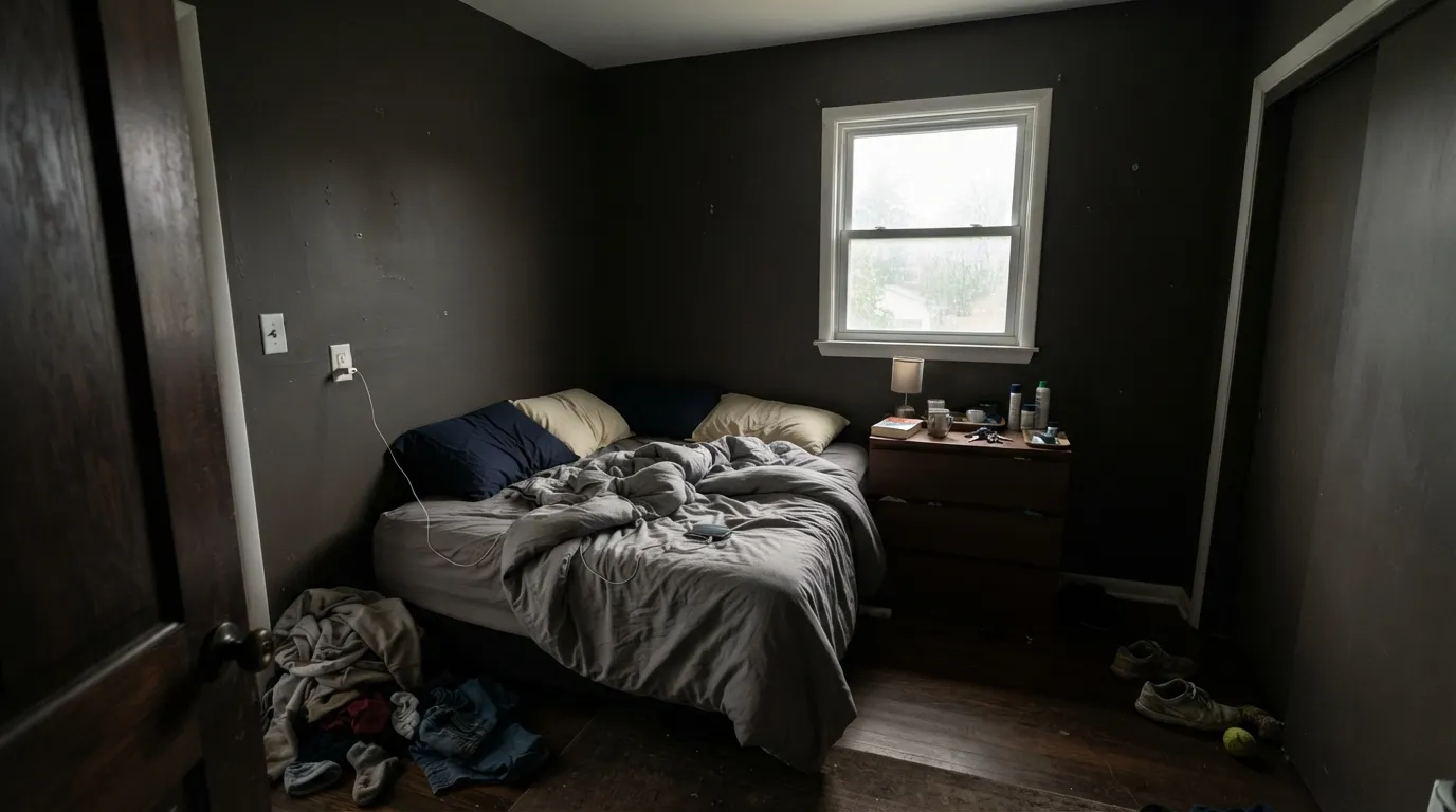 The honest shot: in a small north room with no lamps on, all the bronze drains away and you are left with flat black walls.