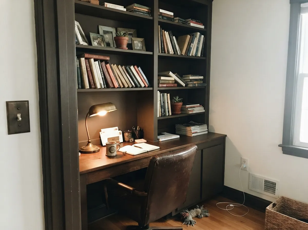Under a warm lamp the built-ins go properly moody-brown, not flat black — the company it keeps best.