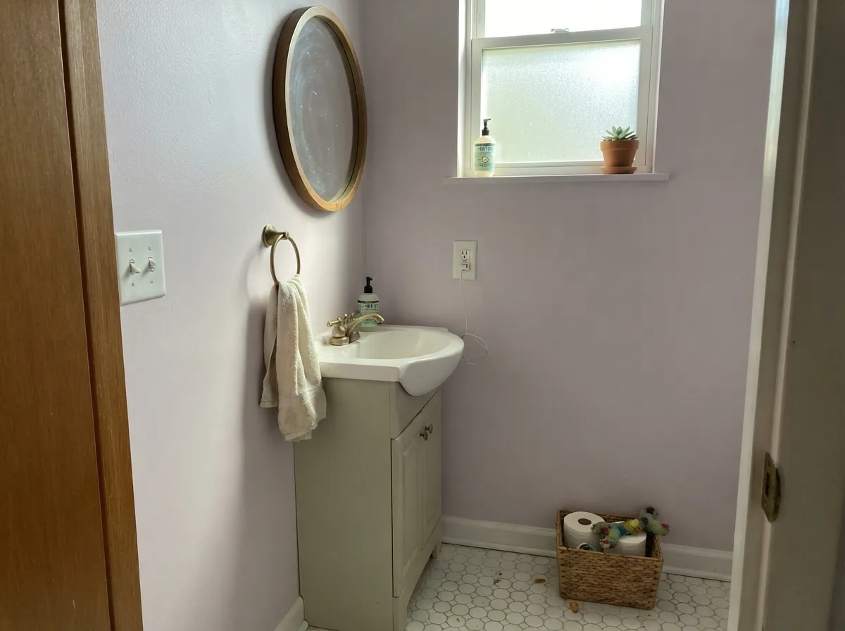 The designer move: Wallflower walls in a small powder room, brass hardware doing the rest of the work.