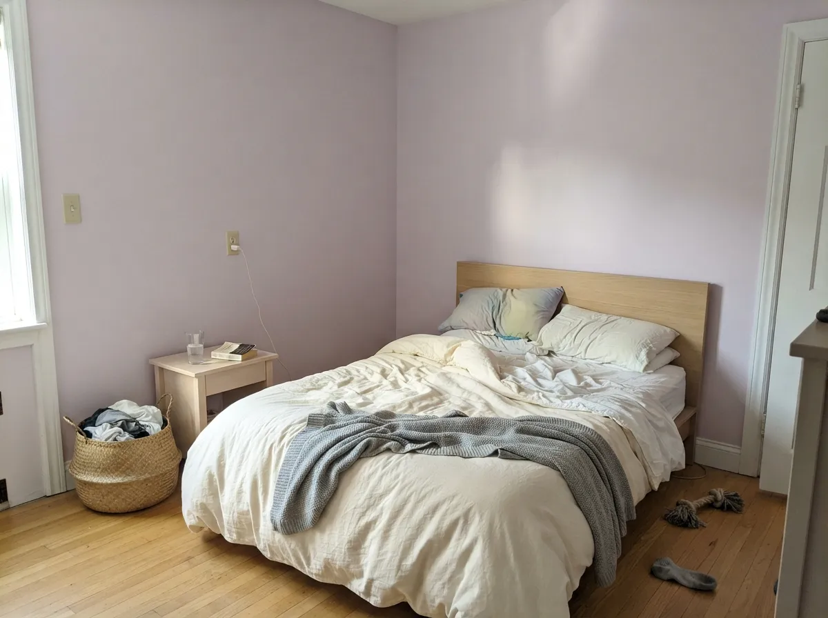 Against pale wood and cream bedding it settles into a quiet, grown-up dusty lavender.
