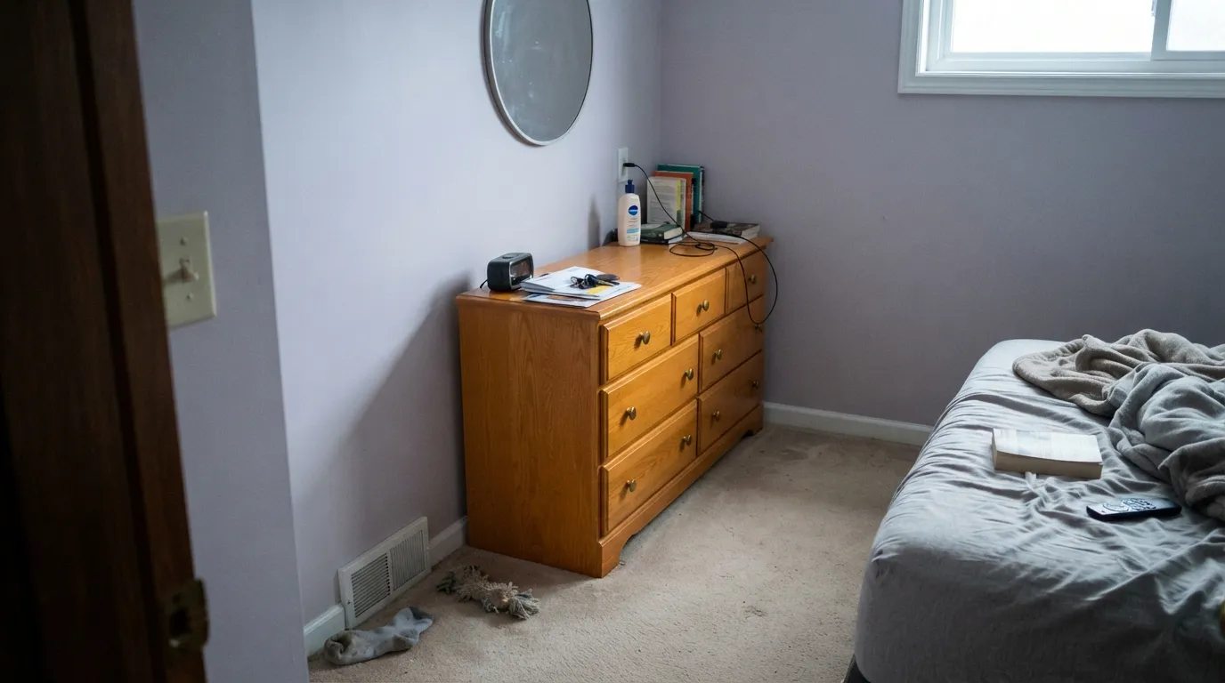 The honest shot: cool north light and a cool LED overhead strip the pink out and leave a flat, cold lilac-gray — the light this color was not made for.