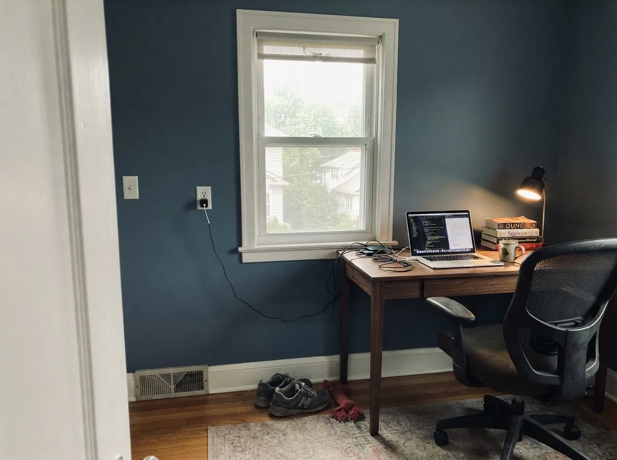 In a real window's daylight the blue-gray reads clearly — not black, not washed out.