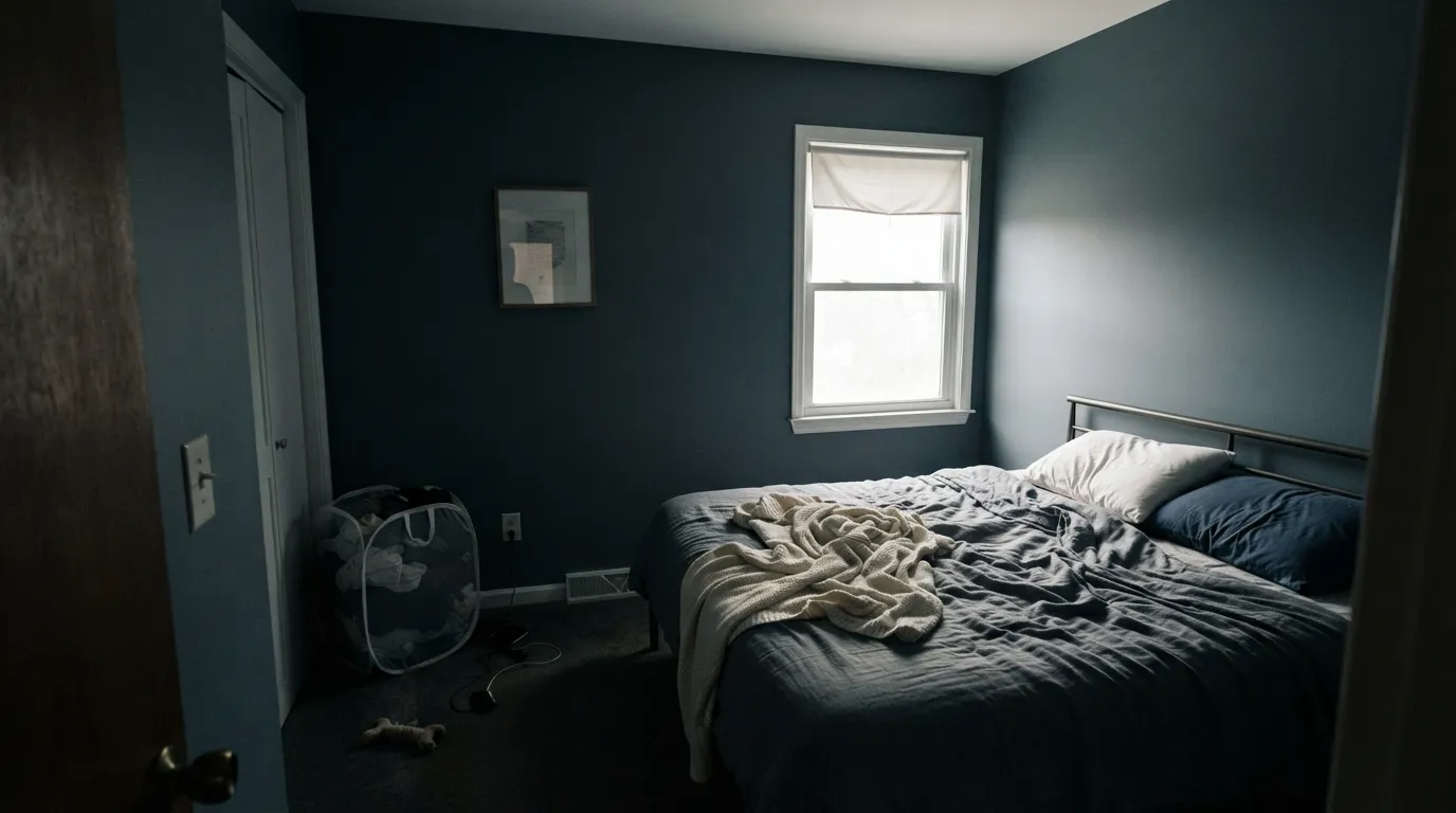 The honest shot: one weak window, no lamps — Waterloo drops to near-black instead of blue. This is the room it should skip.