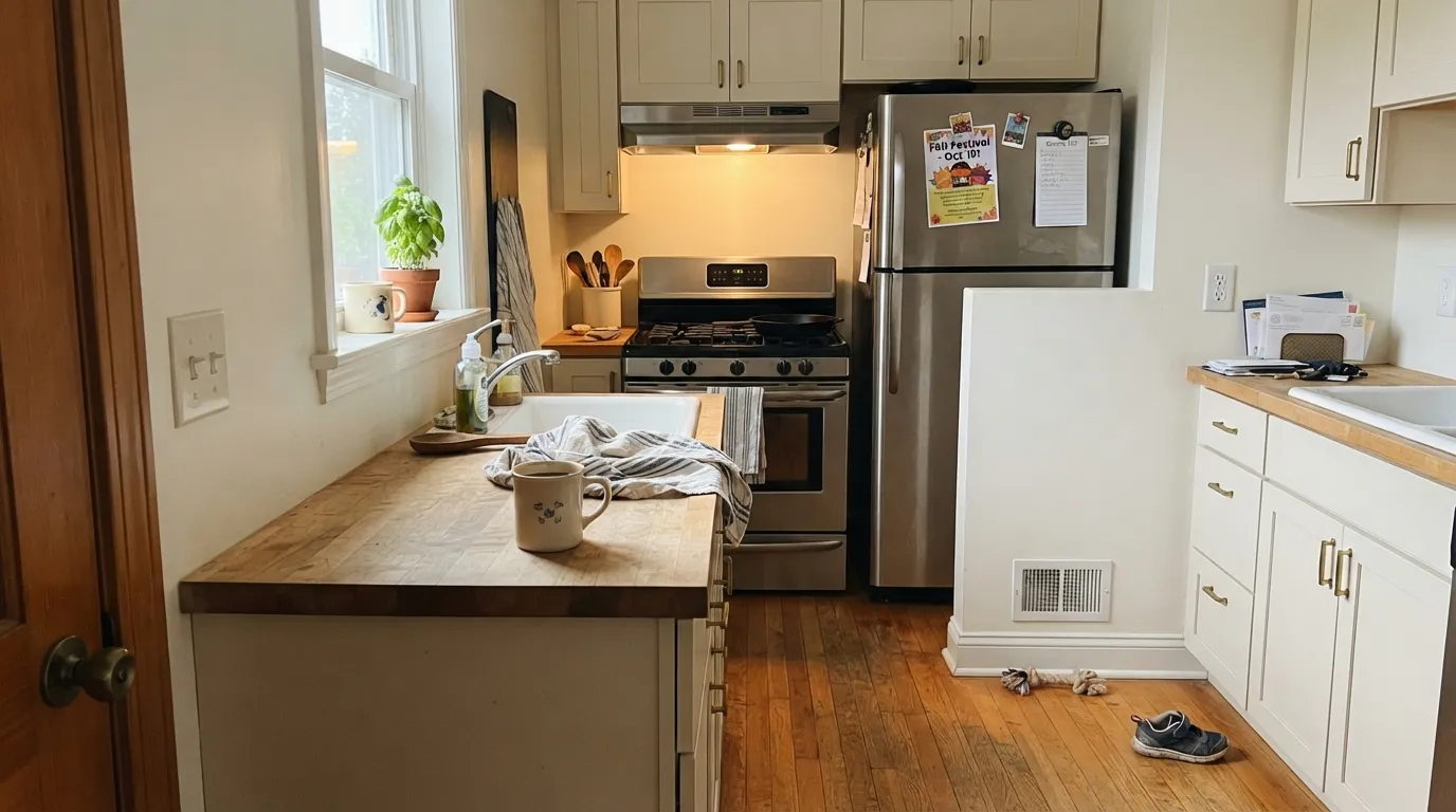 Westhighland White cabinets against warm oak and brass — the pairing it was actually built for, no yellow flash.