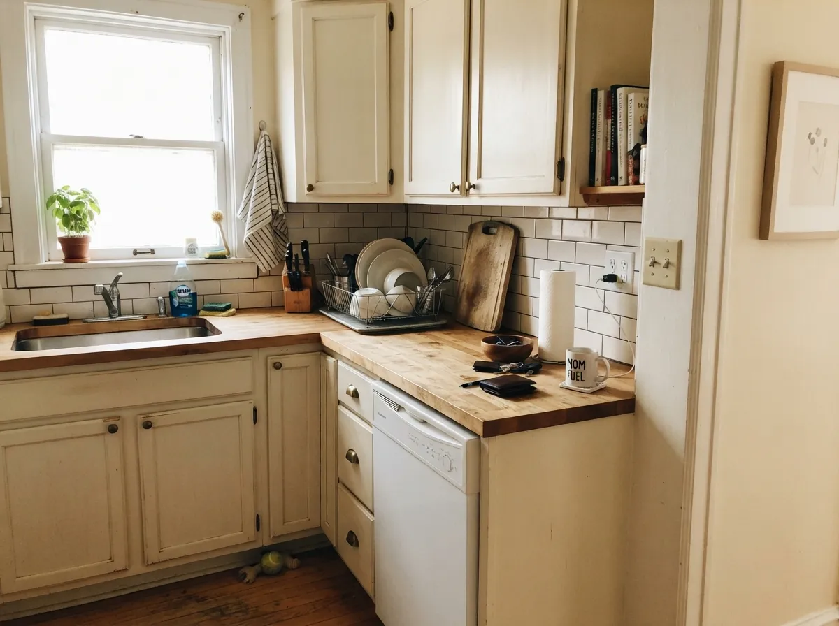 On cabinets in morning light the warmth reads like painted furniture rather than factory white — brass and butcher block do the rest.