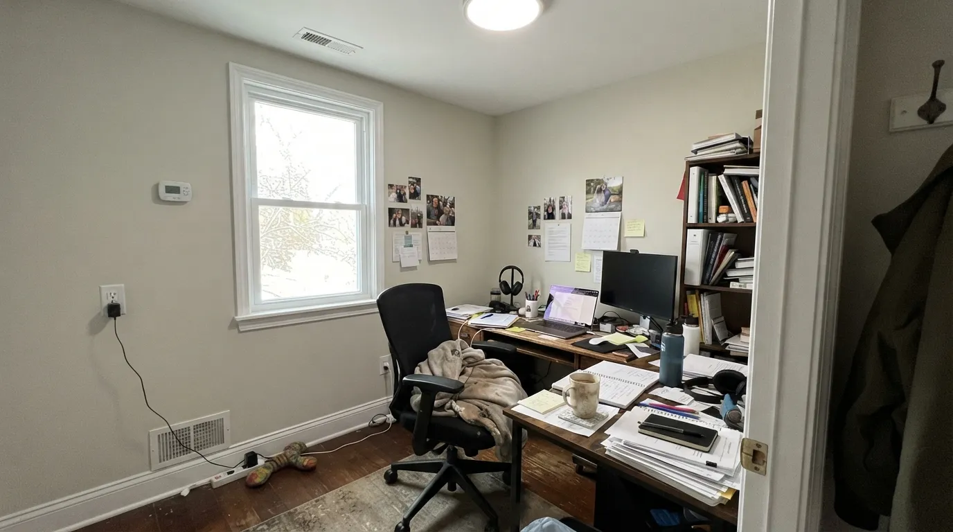 The honest shot: dim north light plus a cool LED bulb drains the warmth out and the green-gray takes over — exactly the room the bad reviews describe.