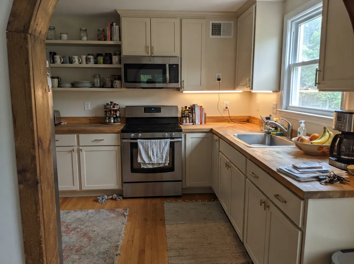 Against butcher block and brass, White Sand cabinets read soft and warm instead of sterile.