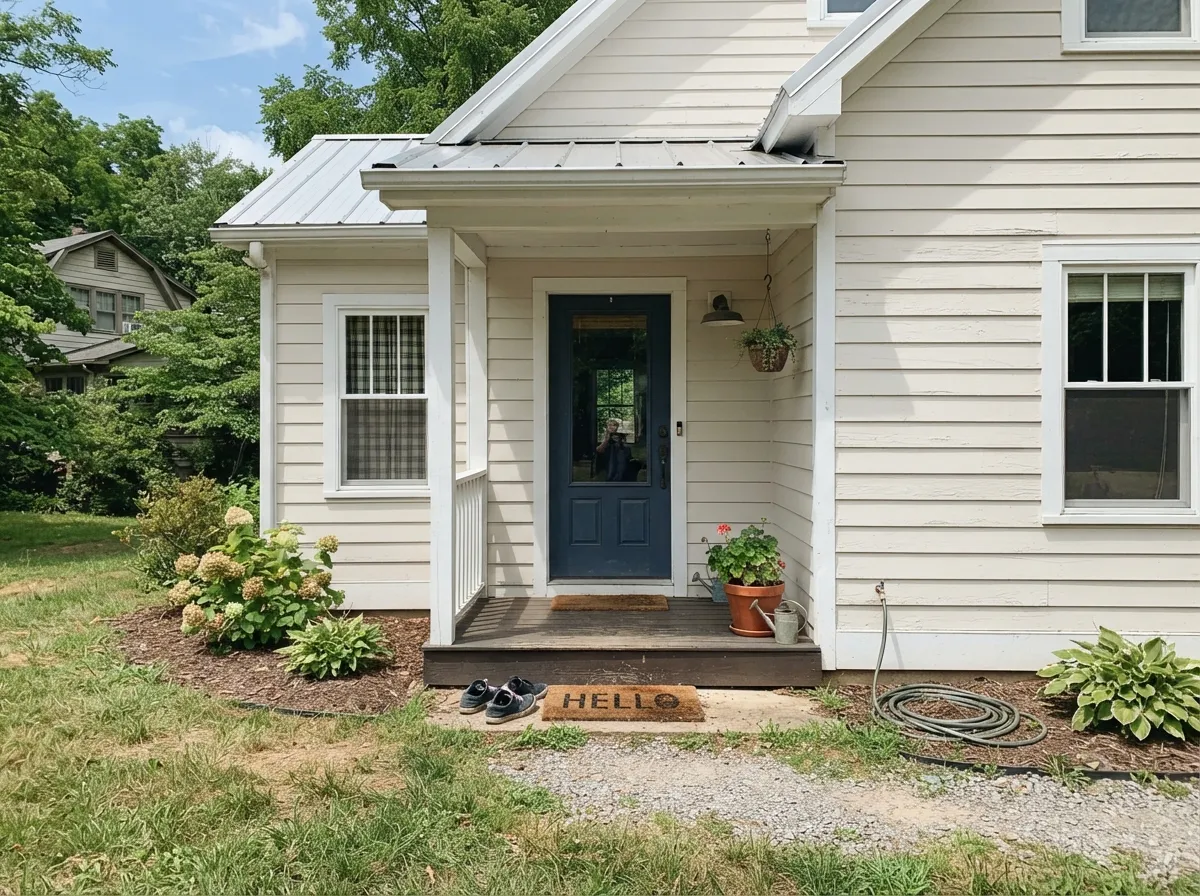 Full sun keeps White Sand bright on an exterior without the cold glare of a starker white — a classic farmhouse pairing with a navy door.