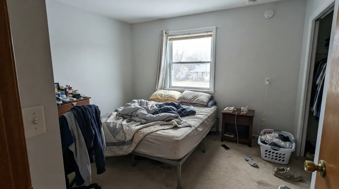 The honest shot: overcast north light with no lamps on, and the sand tone disappears entirely — the exact room where readers say it just looks like builder white.