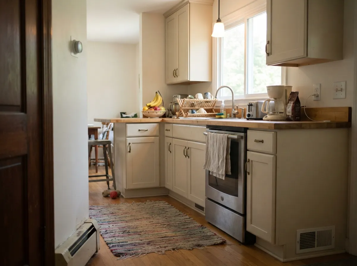 On cabinets it sits comfortably next to oak and brass — competent and calm rather than a design statement.