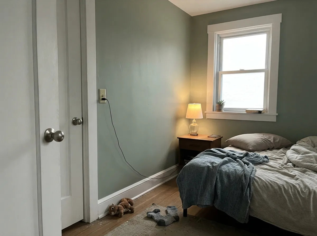 Semi-gloss White Snow trim against a muted green wall — the exact pairing its Minimal + Modern palette was built for.