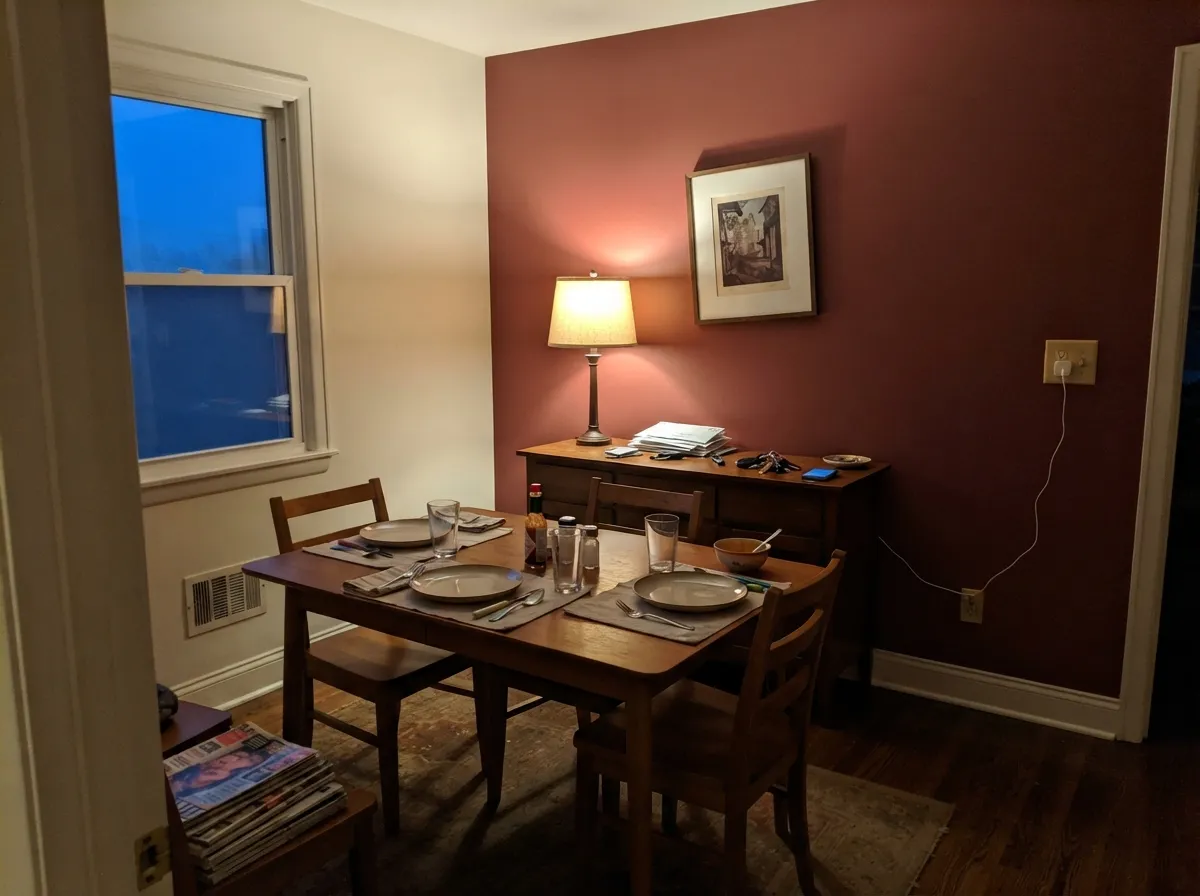 Under evening lamp light the wine-purple comes forward — this is Wild Poppy at its best, in the room it was built for.