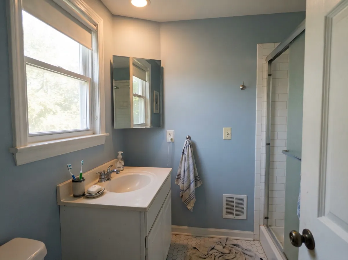 Against white tile and chrome fixtures it stays clean and cool — a genuinely easy bathroom color.
