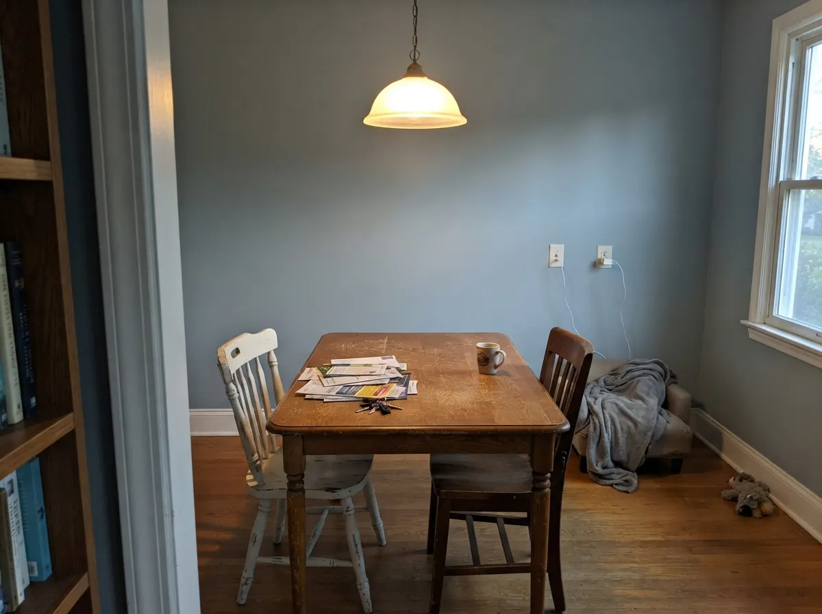 One warm bulb and a wood table is all it takes for the blue to come forward and the room to feel soft instead of gray.