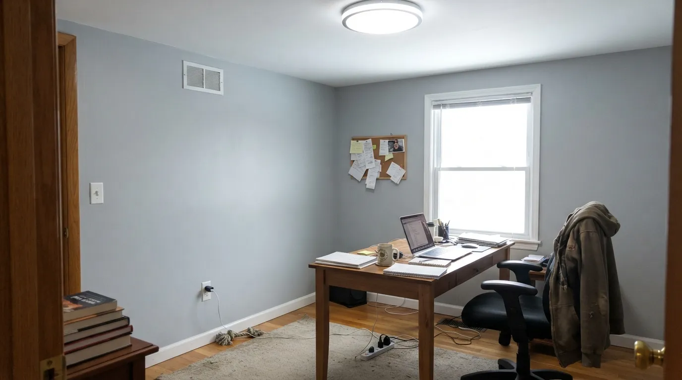 The honest shot: bright south light plus a cool white overhead bulb and the blue disappears completely — the exact combination behind the "it's just gray" complaints.