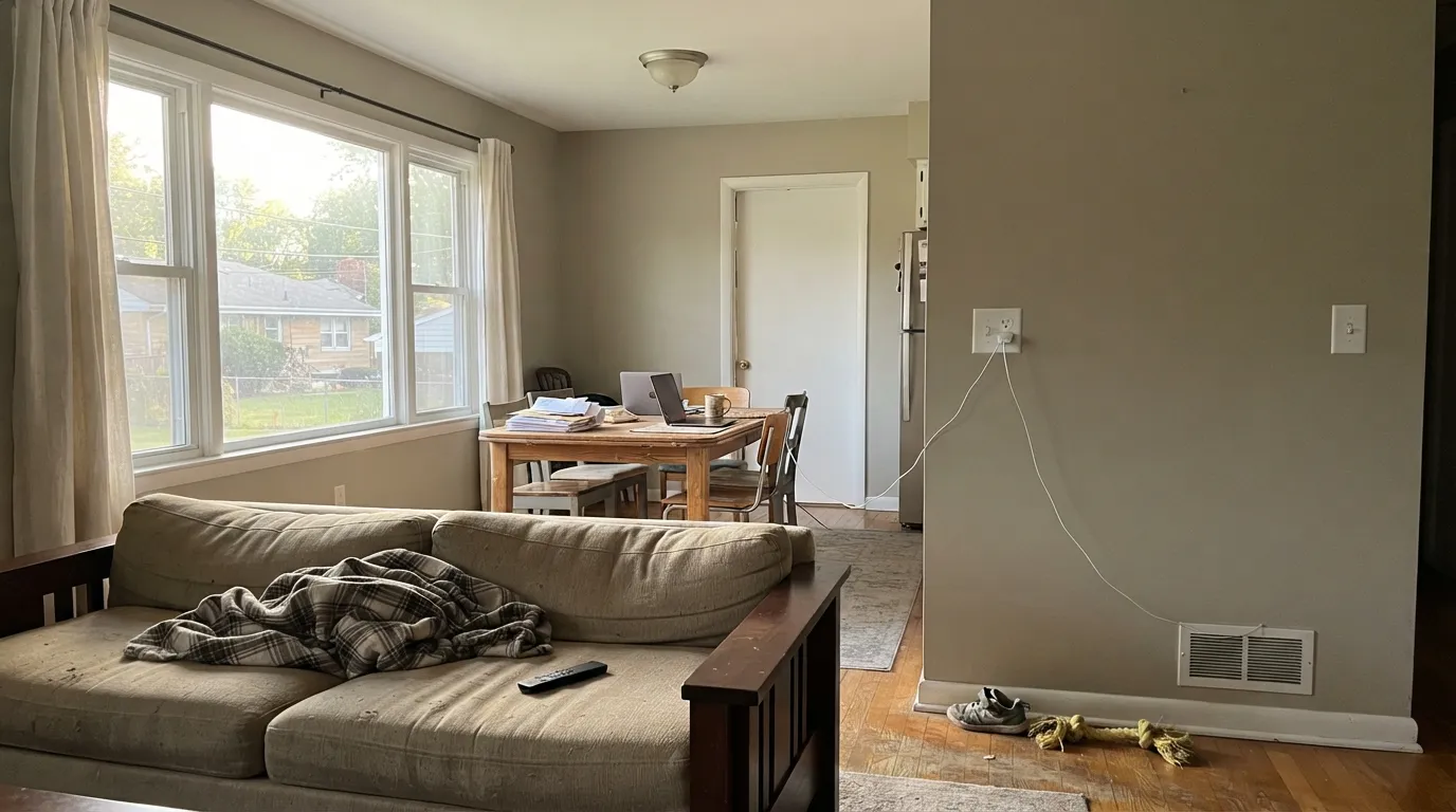 In real afternoon daylight Worldly Gray does its main job: one warm backdrop holding a whole floor together against soft Alabaster trim.