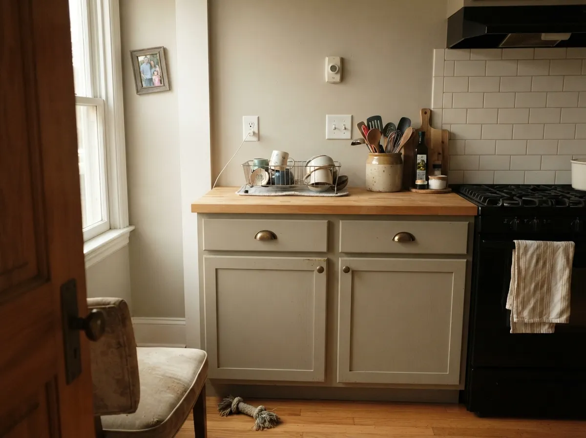 On cabinets the warmth reads deliberate next to brass and butcher block — and it hides handprints a white door would show.
