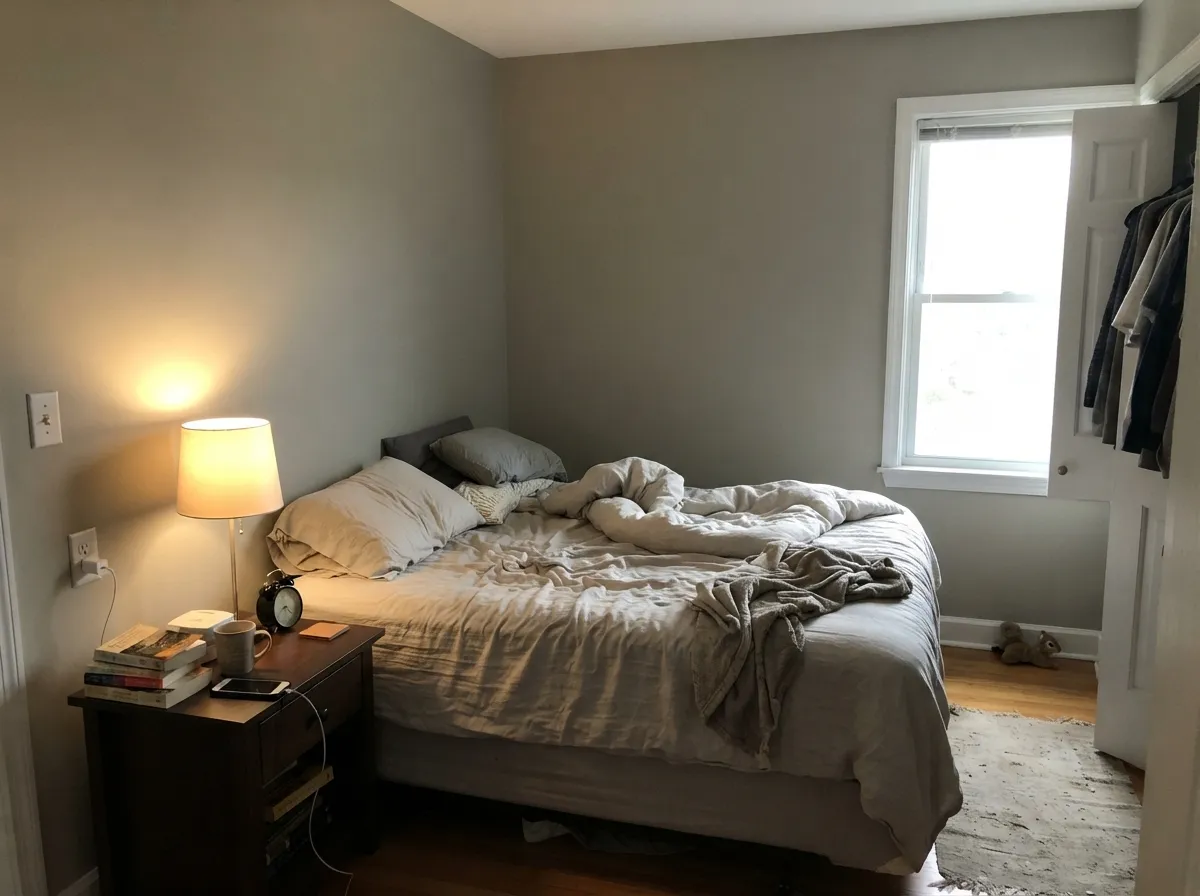 Morning east light plus a warm bedside bulb, and the green never appears — it just reads soft and warm.