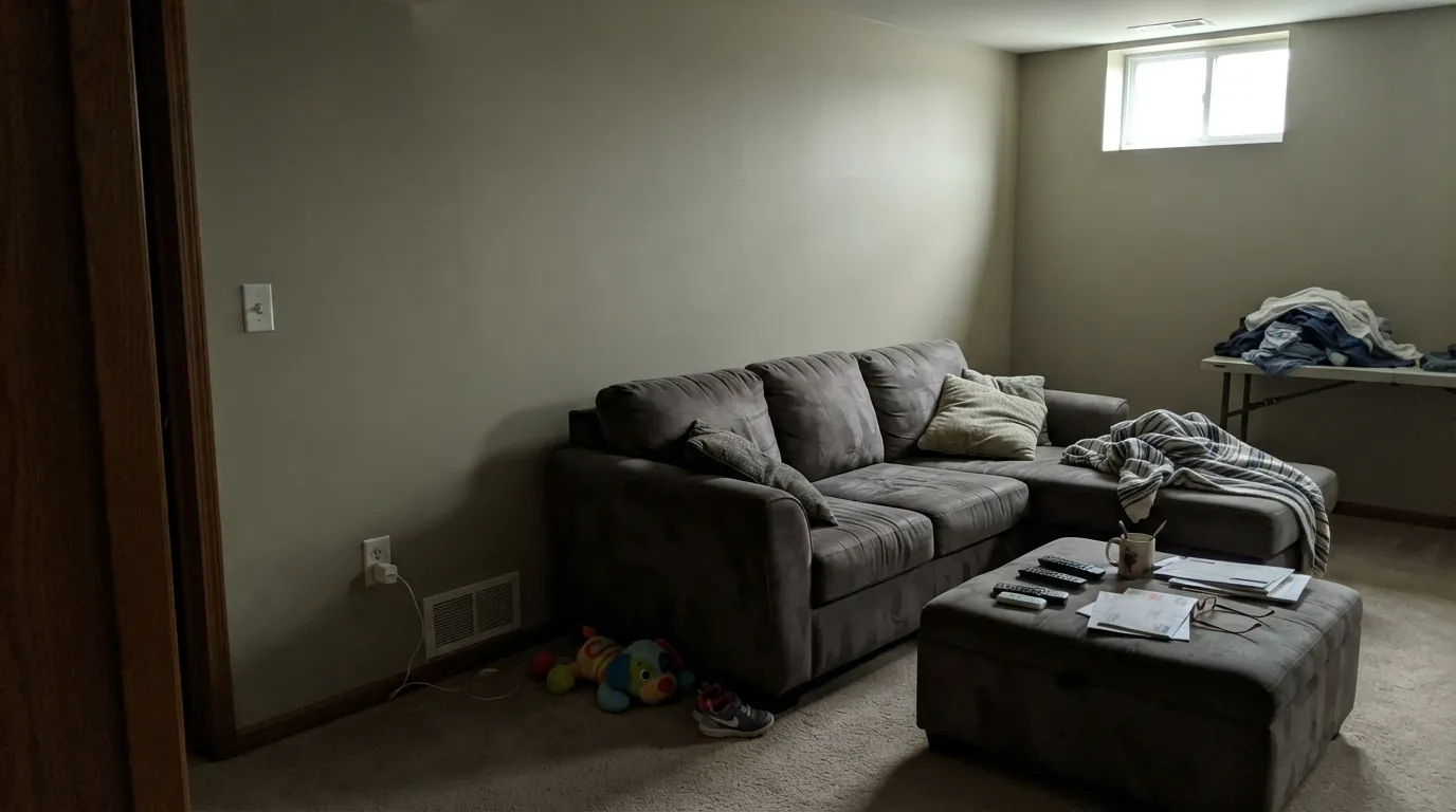 The honest shot: strip the daylight away and LRV 57 turns dingy — the exact basement complaint that fills the one-star reviews.