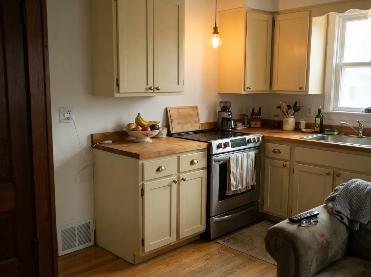 On cabinets with butcher block and brass it reads custom, not builder-basic — its best indoor job.