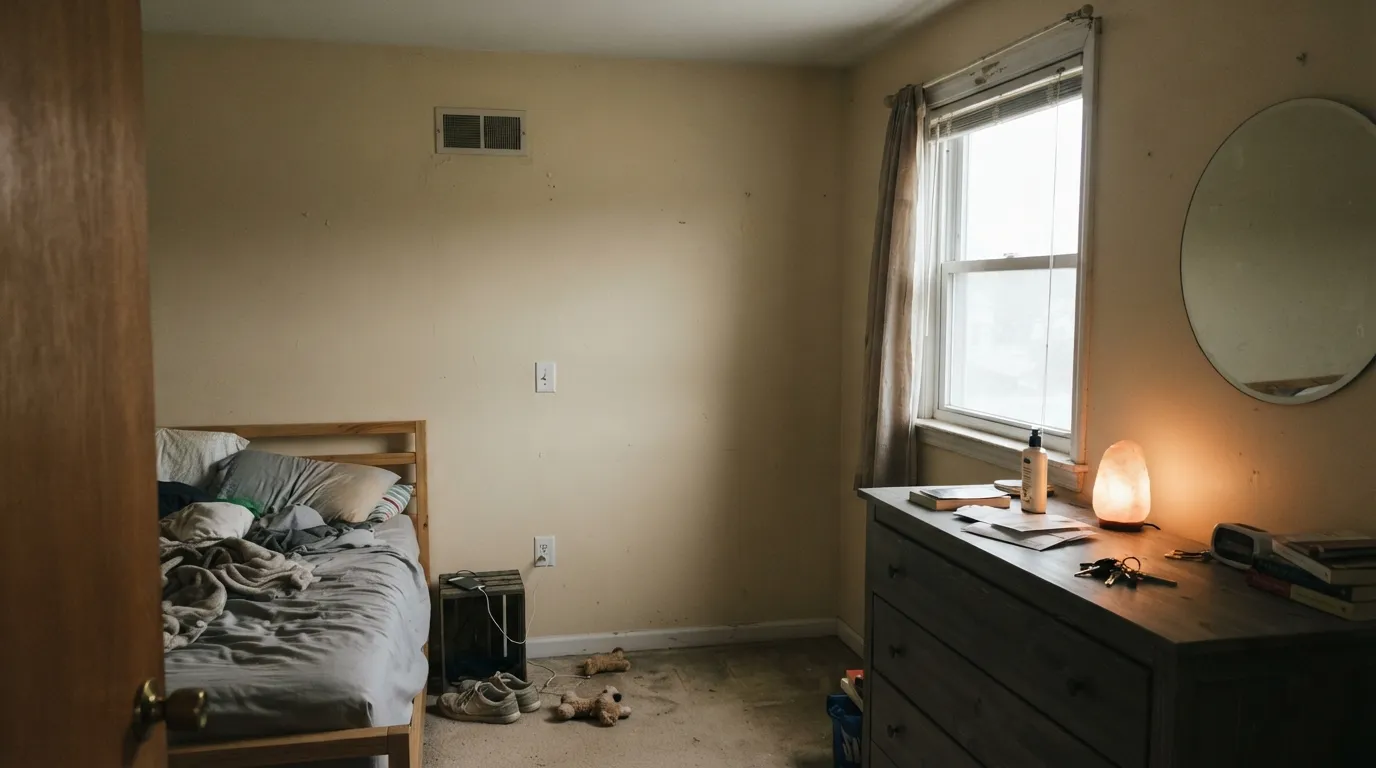 The honest shot: dim north light and a cool grey dresser drain the warmth and leave it looking flat, not cozy.