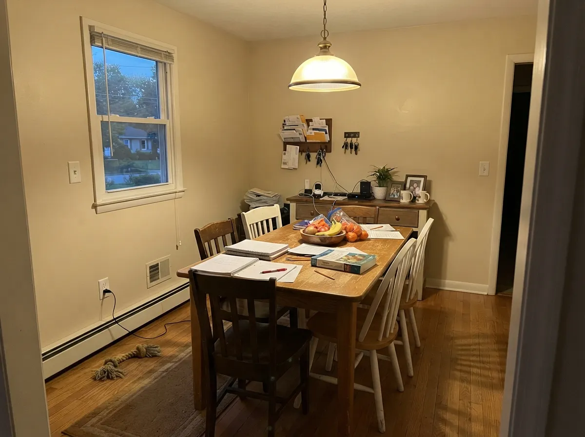 Dining-room lamplight is where the biscuit shows — warm wood and 2700K bulbs keep it toasted cream, not leftover yellow.