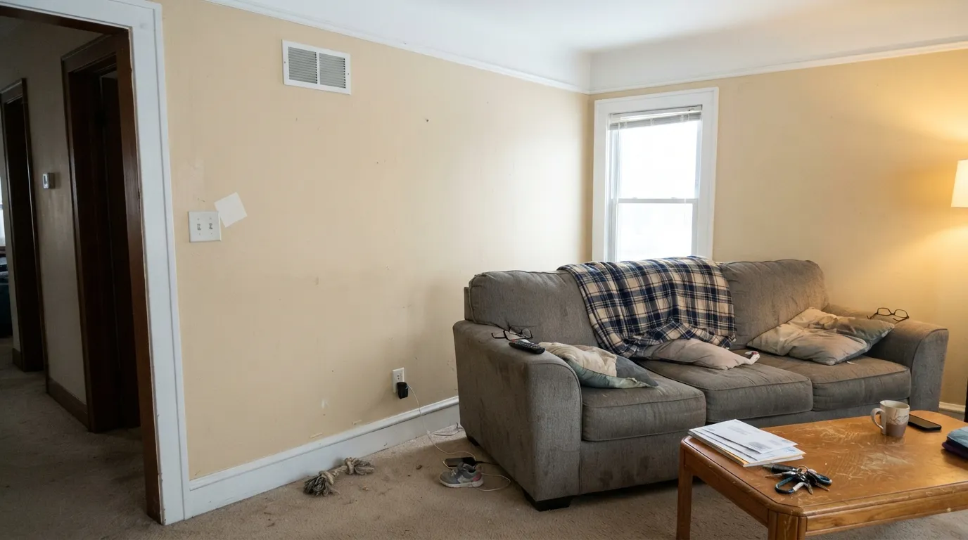 The honest shot: next to bright cool trim it is obviously beige — the off-white mix-up in one frame.