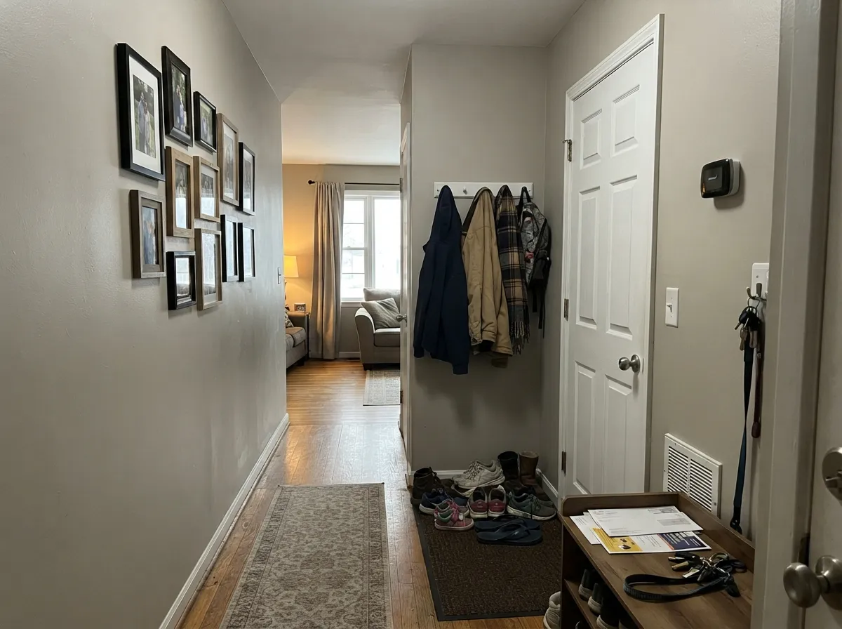 The pass-through test: hallways are where a mid greige earns its keep, and Clay Figurine is deep enough to show against Dove White doors.
