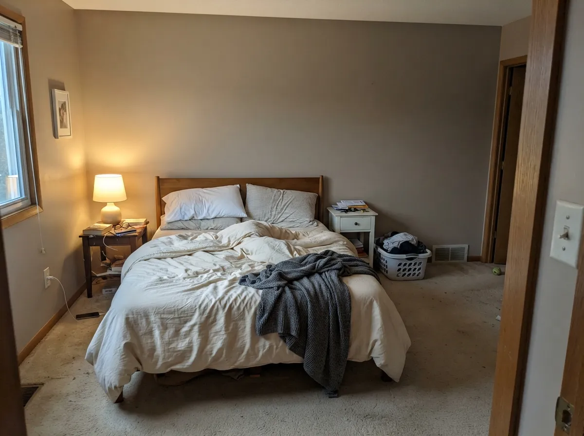At night the clay comes forward — a restful bedroom greige, as long as the bulbs stay warm.