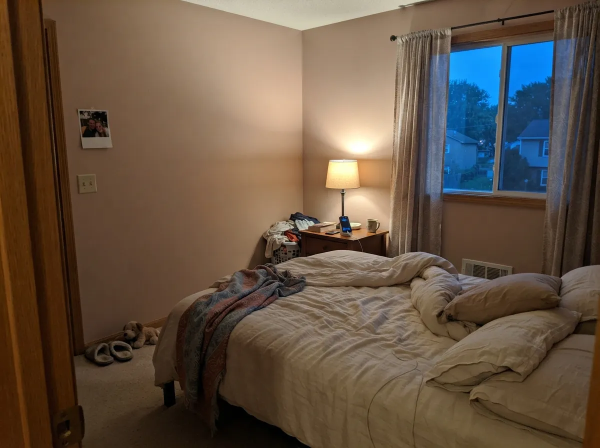 Its best room: under a warm lamp at dusk the walls turn soft and rose-tinged instead of flat pink or plain tan.