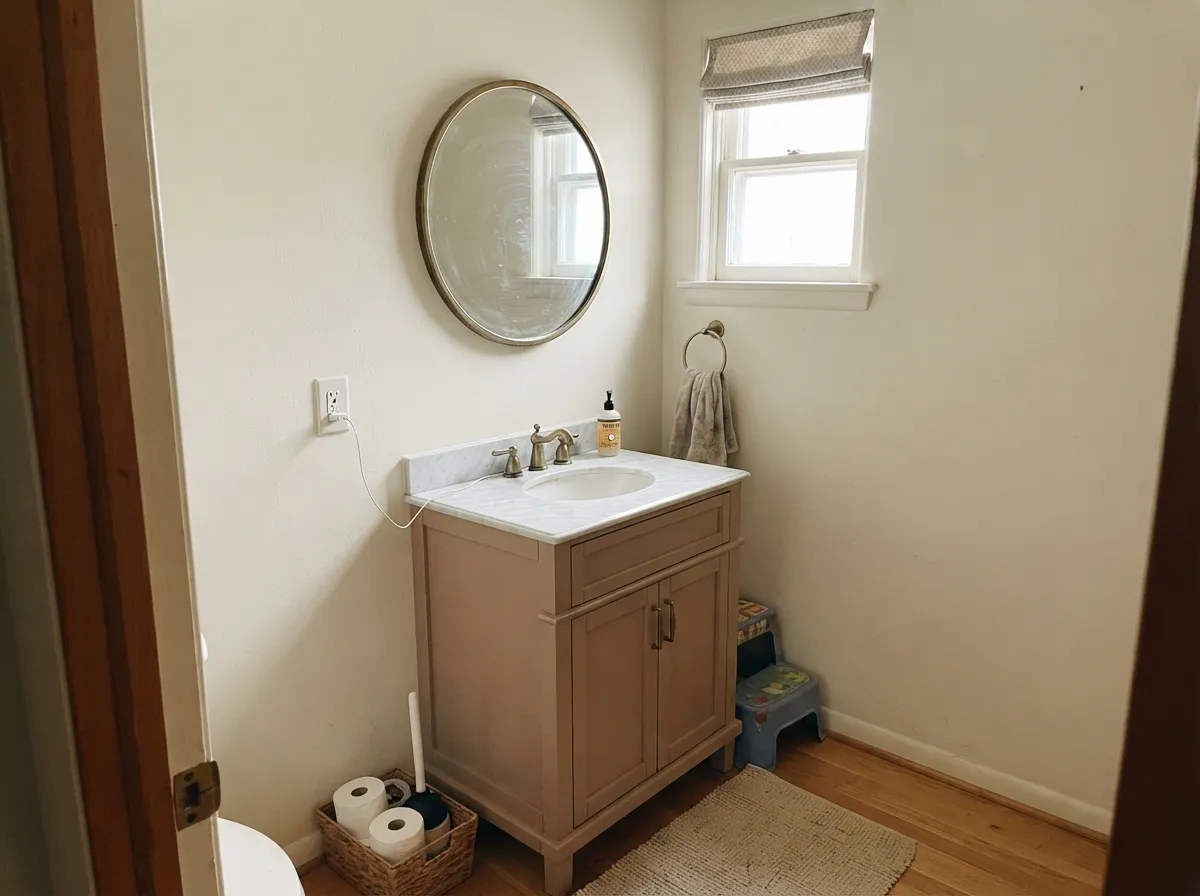 The designer move: a Cocoa Dust vanity under cream walls, brass hardware doing the rest of the work.