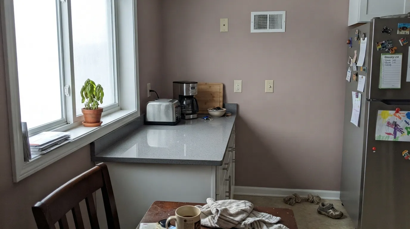 The honest shot: cool gray quartz and overcast north light drain the warmth and leave a muddy, undecided color — the exact combination behind the "is this beige or is this a mistake" complaints.