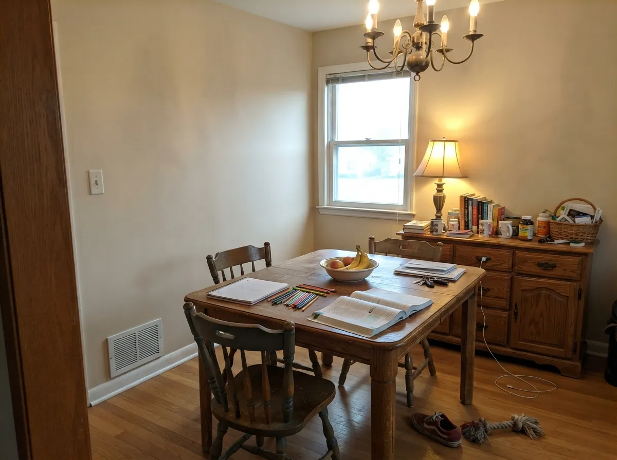 Dining-room light is where the coffee-cream shows — warm wood and 2700K lamps keep it beige, not leftover yellow.
