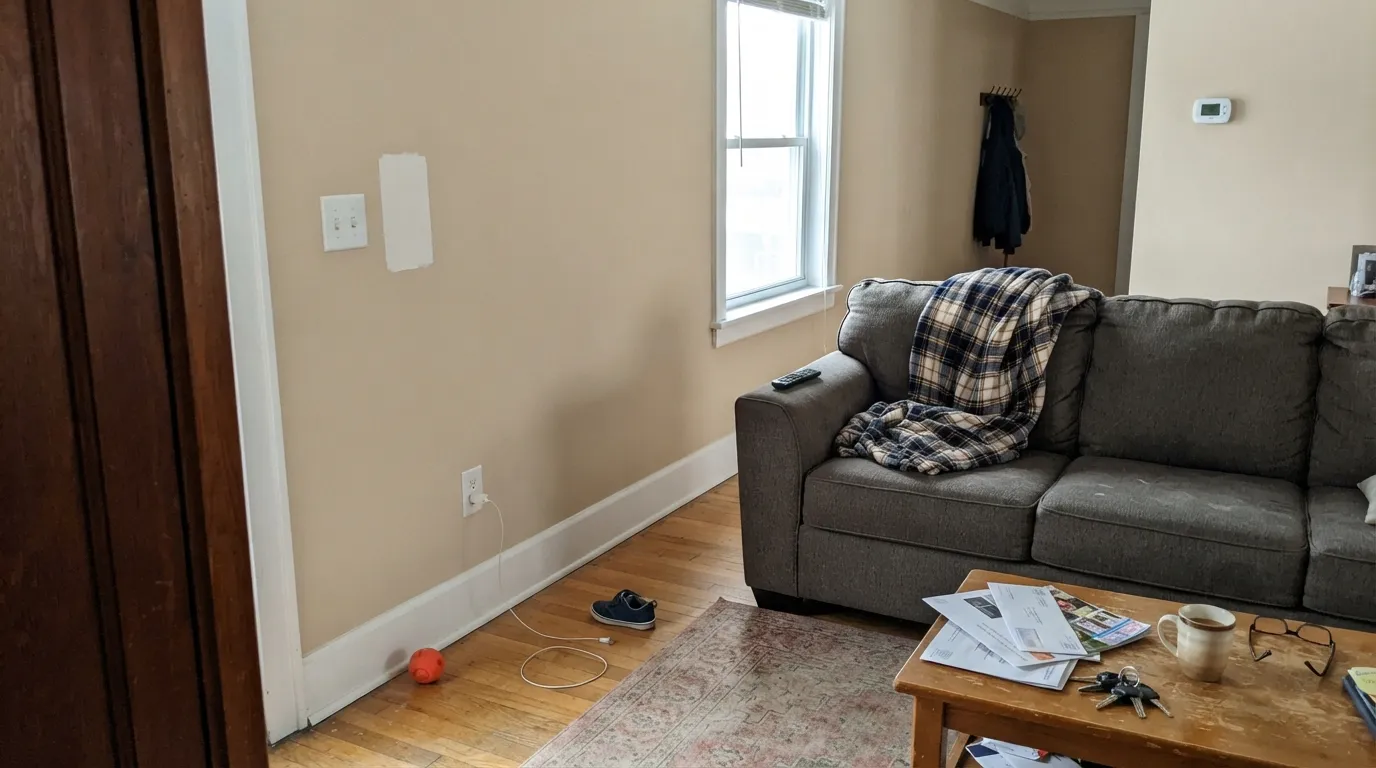 The honest shot: next to bright cool trim it is obviously beige — the farmhouse-white mix-up in one frame.