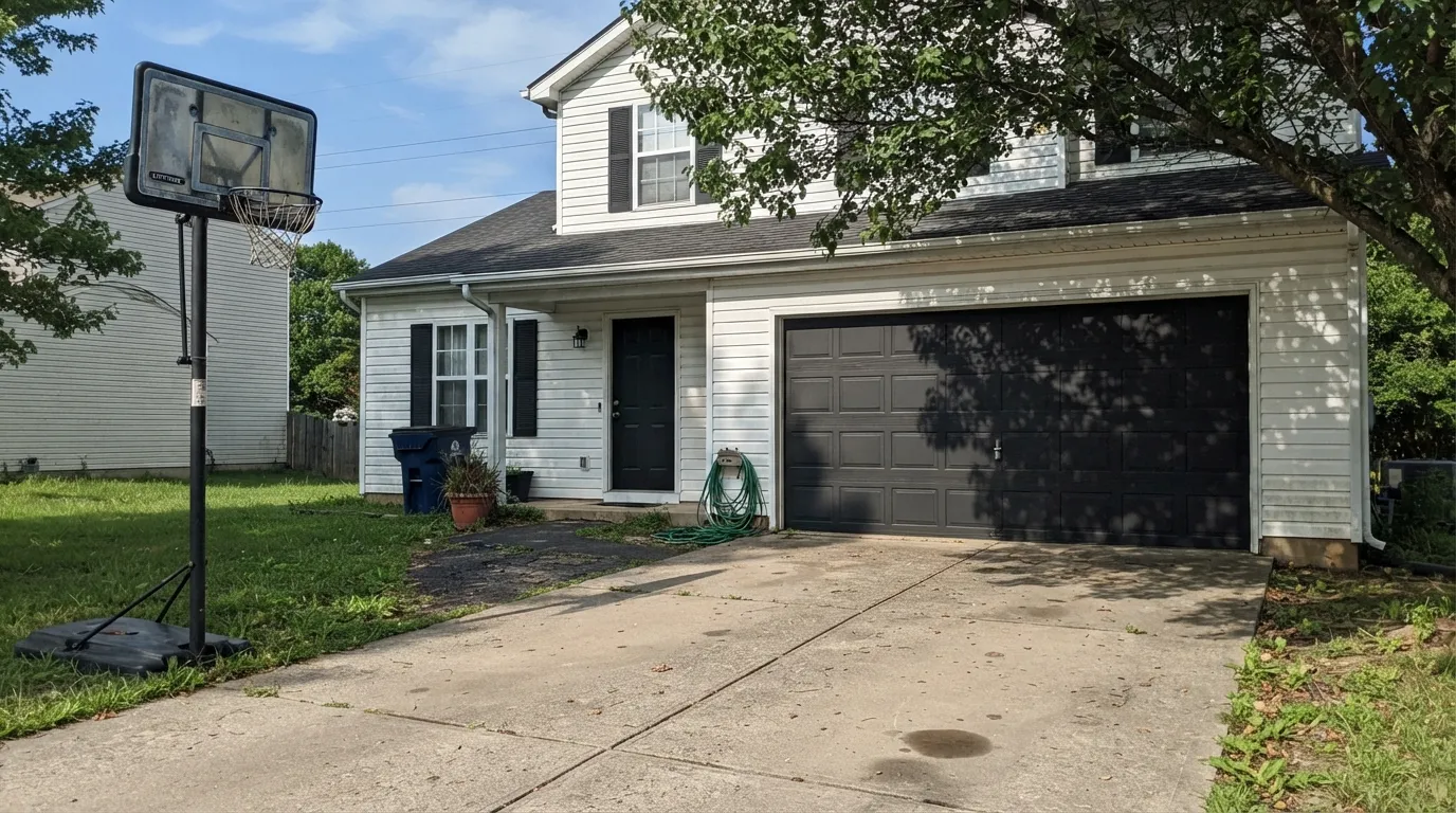 Dark Kettle Black doing the job it is best known for — door, shutters and garage door blacked out against Ultra White siding, holding a true black in full sun with no navy flash.