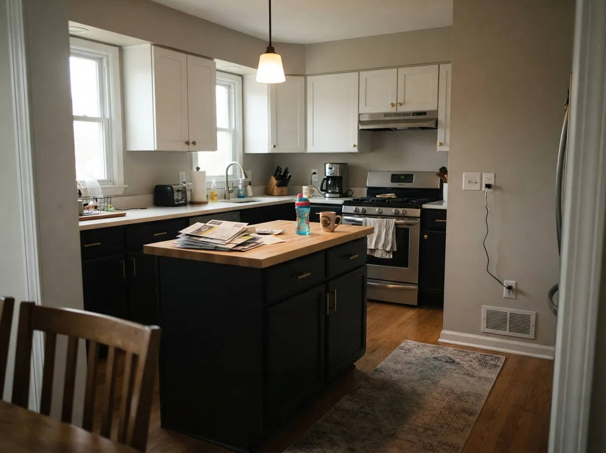 Satin cabinet enamel on the island and lowers, warm white uppers above — the two-tone kitchen that keeps the black at wear height.