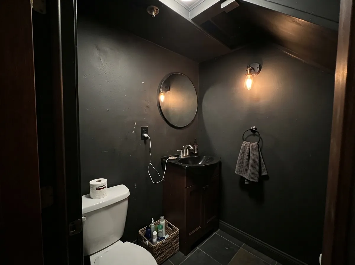 The full drench: in a small room with one warm light, LRV 4 stops being a risk and becomes the point.